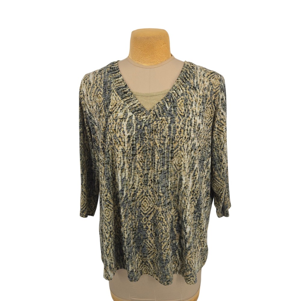 Erika Blouse Women 2X Abstract Geometric V-Neck Casual Top Earthy Career Layered